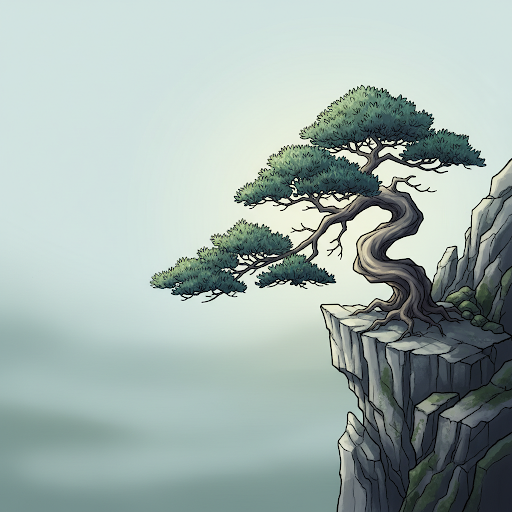 A Korean Bunjae-style pine tree growing from a cliff face
